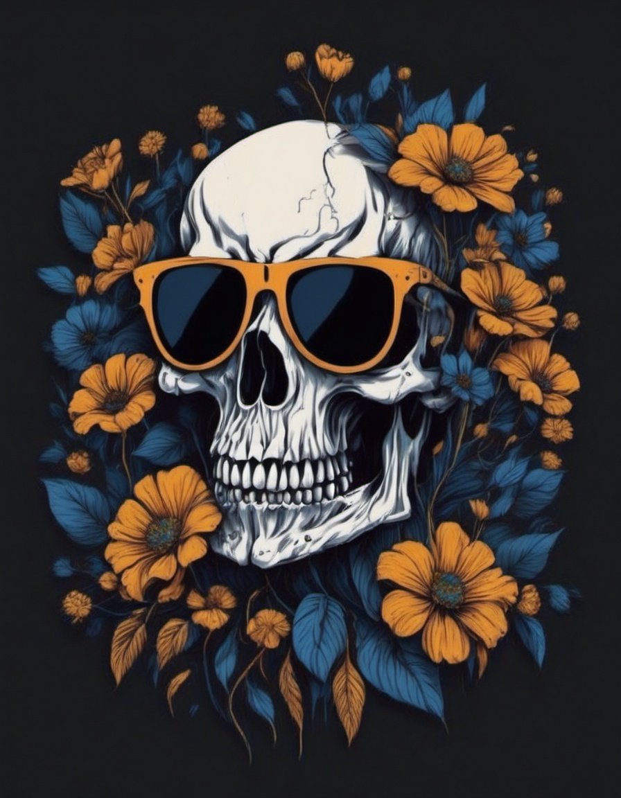 Leonardo Style,skull, illustration, flower, no humans, black background, simple background, sunglasses<lora:leonardo_illustration:1>