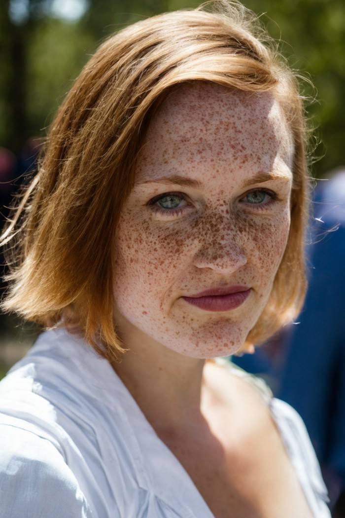 photo of a woman, Scottish, freckles on fair skin, depth of field, doctor