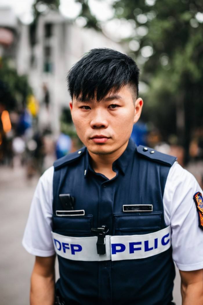 photo of a man, Vietnamese, deep-set eyes, police officer