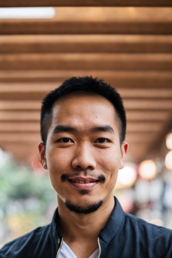 photo of a man, Thai, stubble on a square jaw, software engineer