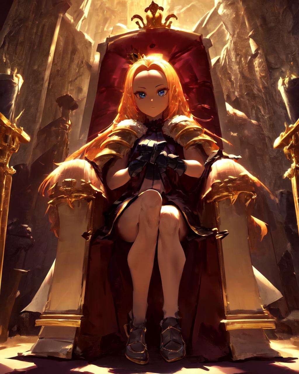 <lora:e7 Charlotte2:0.7> e7 Charlotte, small crown, big forehead, full body, holding two swords,dynamic shot, sitting in a throne room,(masterpiece),  best quality, highres, 4k, 8k, Detailed Illustration, intricate detail, cinematic lighting, amazing quality, 1girl, fit female, amazing shading, soft lighting, facing camera, perfect eyes