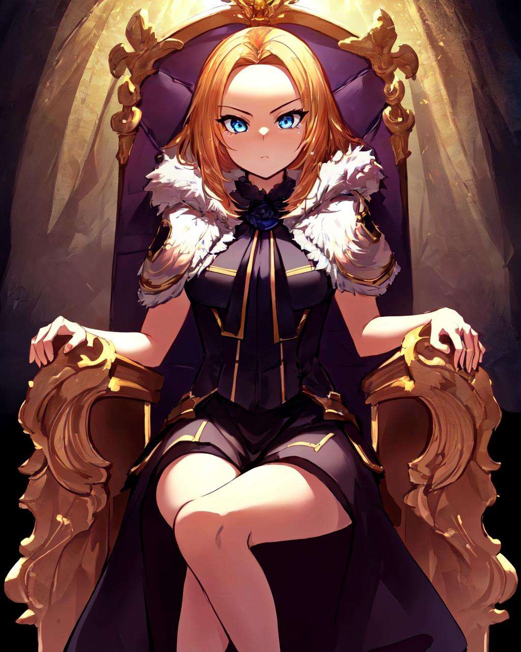 <lora:e7 Charlotte2:0.6> e7 Charlotte, sitting on the throne, huge forehead,(masterpiece),  best quality, highres, 4k, 8k, Detailed Illustration, intricate detail, cinematic lighting, amazing quality, 1girl, fit female, amazing shading, soft lighting, facing camera, perfect eyes