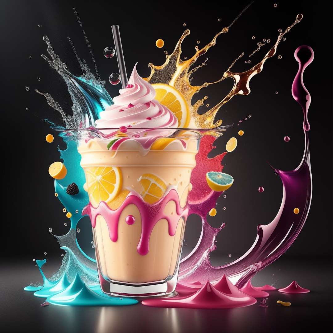 close up lay flat of splashing mixed fruits milkshake π hyper realistic, dramatic lighting, stylize <lora:splashes_v.1.0:0.9>