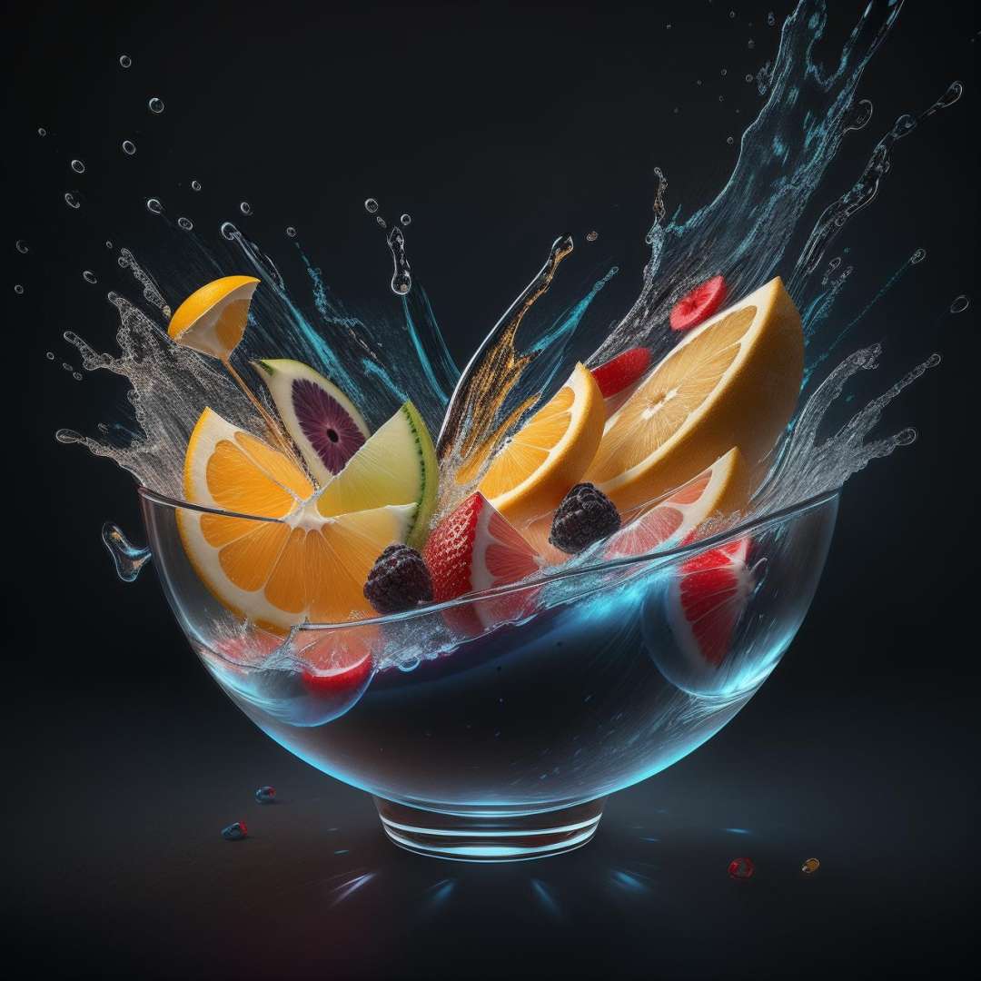 Fresh Fruit Splashing in a Bowl in a dark blue lighting background, Fruit Juice Splash, super fine detail, bright colors, 8k resolution, volumetric lighting, cinema4d, super resolution, CGsociety, transparent resine, ultra wide angle, cinematic lighting, super detailed, atmosphere, insanely detailed, beautifully lit, insanely detailed and intricate, hypermaximalist, moody, rule of thirds, textures, Unreal Engine <lora:splashes_v.1.0:0.9>