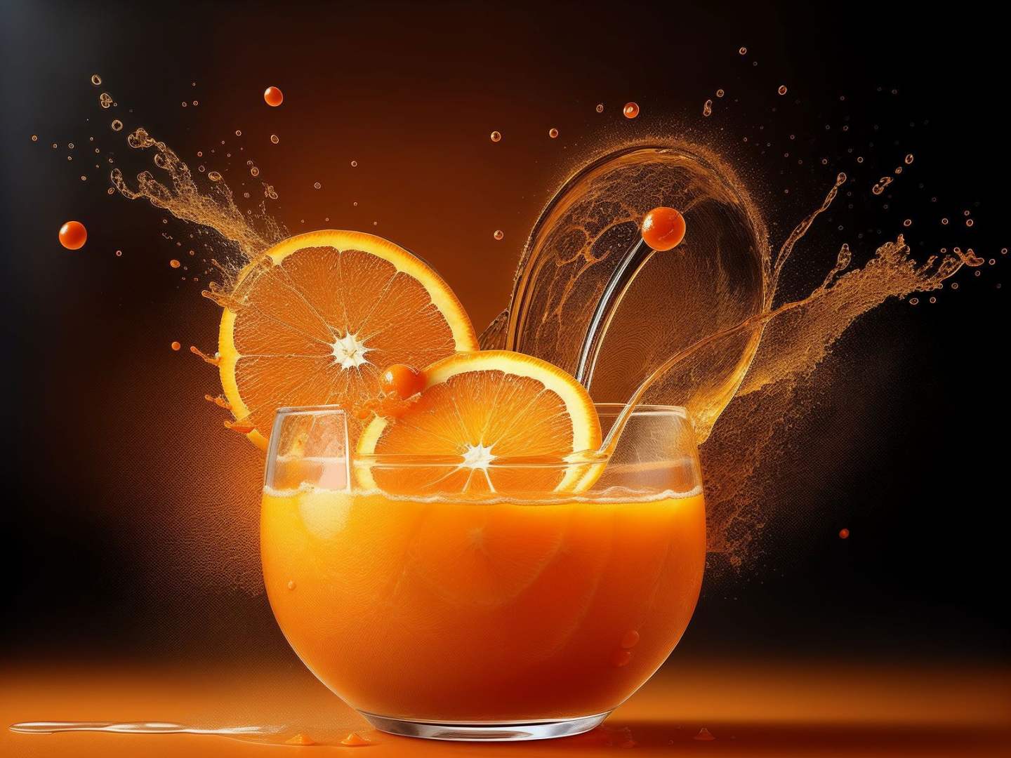 orange soft splashes wrap around a straight glass of orange soda, orange slices fly, black background <lora:splashes_v.1.1:1>