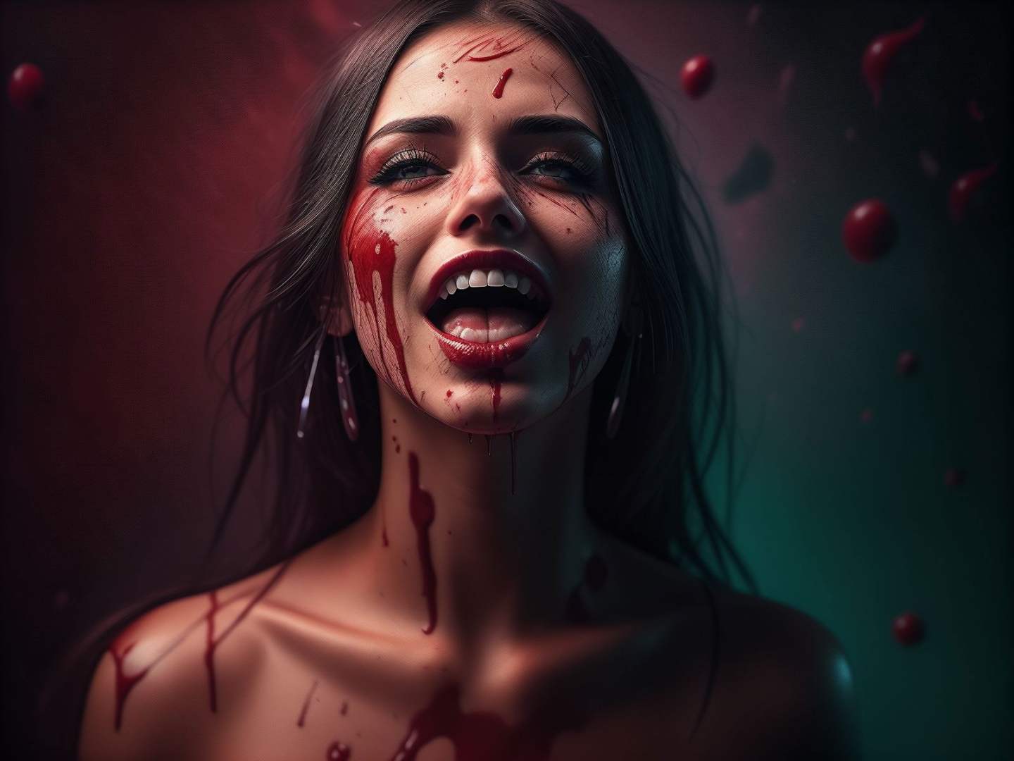 woman portrait shot, splash of blood, thick blood everywhere, vibrant photography style, vampire woman, open mouth, straight healthy teeth, powerful shot, cinematic, raw, 4k, colorful, chaotic, artwork, cover, cinematic background   <lora:splashes_v.1.1:1>