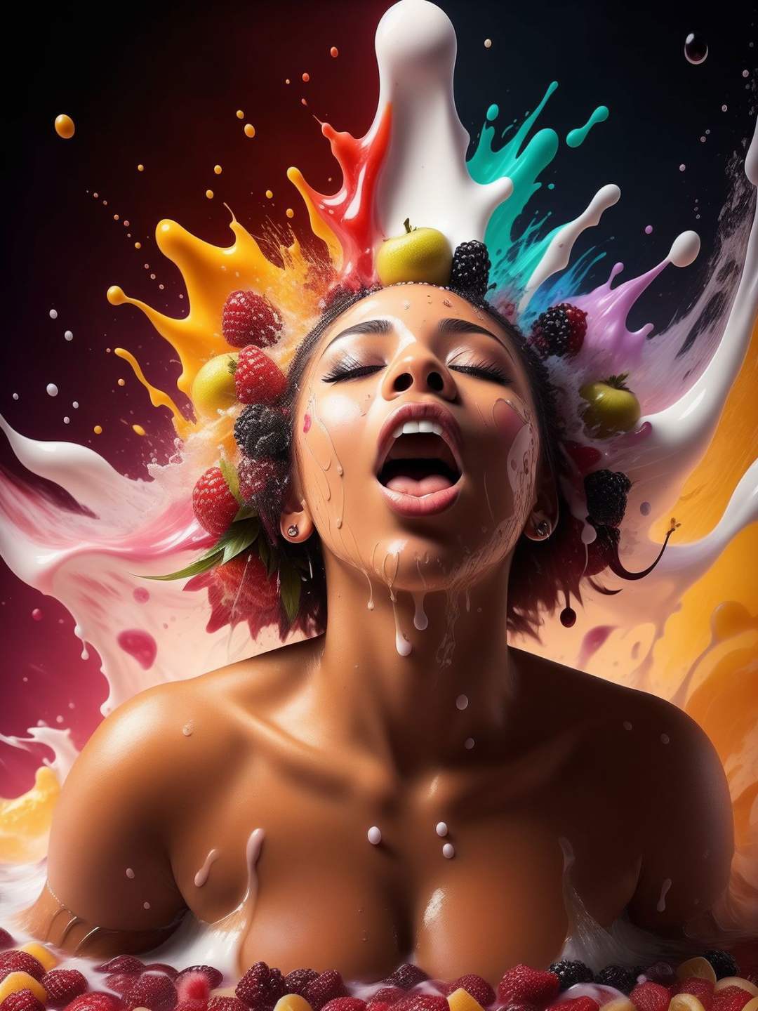 woman middle shot, splash of milk, thick fruits splash milk everywhere, vibrant photography style, african woman, (close mouth:1.1), explodes fruit and berries, powerful shot, cinematic, raw, 4k, colorful, chaotic, artwork, cover, cinematic background  <lora:splashes_v.1.1:1>