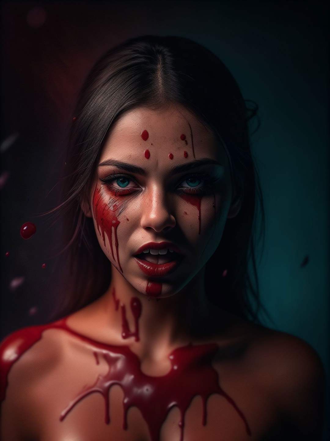 woman portrait shot, splash of blood, blood everywhere, thick blood, vibrant photography style, vampire woman, open mouth, emotion of fear, straight healthy teeth, powerful shot, cinematic, raw, 4k, colorful, chaotic, artwork, cover, cinematic background <lora:splashes_v.1.1:1>