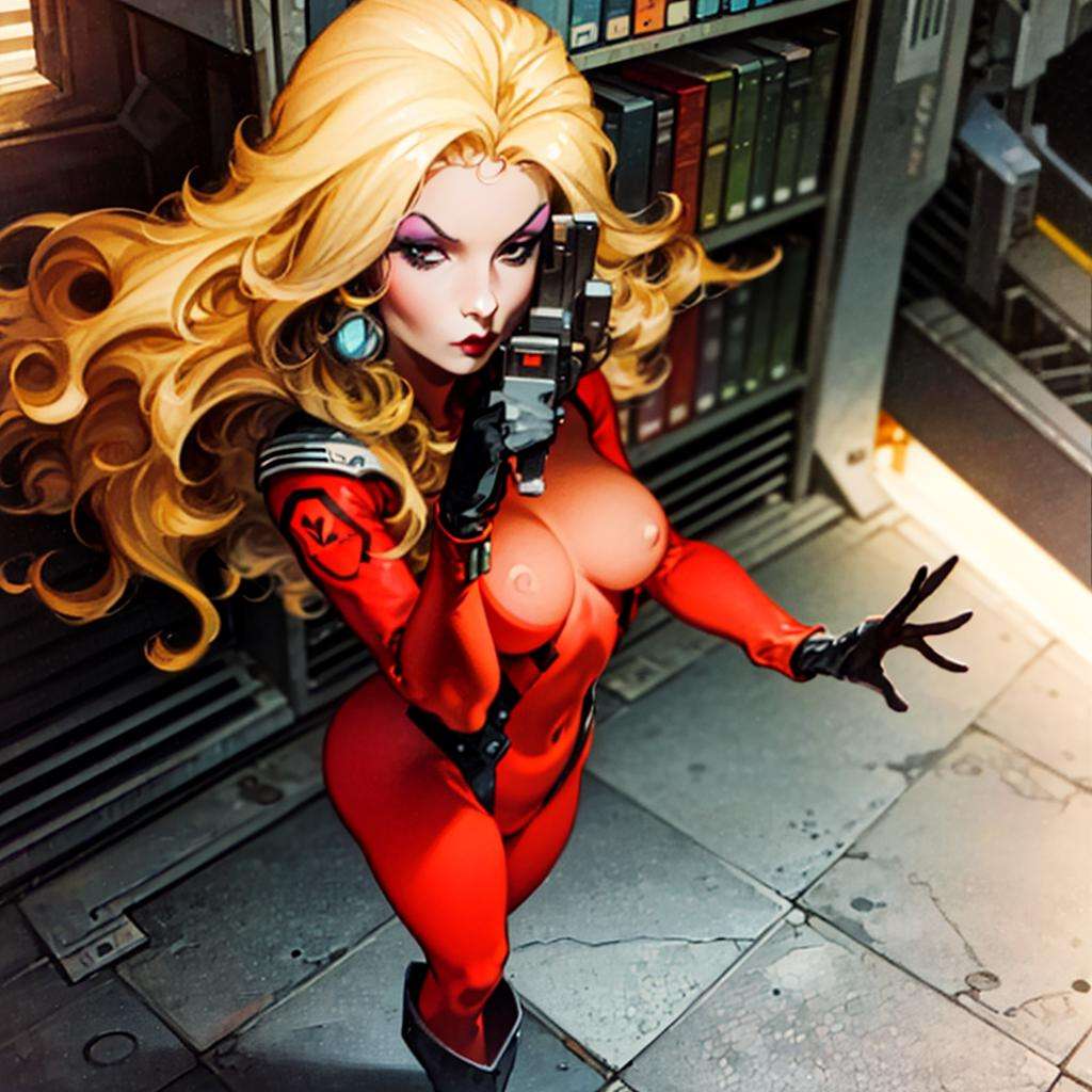 (close up), woman, solo, blonde hair, long hair, floating hair, make up, huge breasts, full bodysuit, orange bodysuit, gloves, high boots, looking at camera, alien spaceship indoors, science fiction, detailed background<lora:AzpiriV4:1>