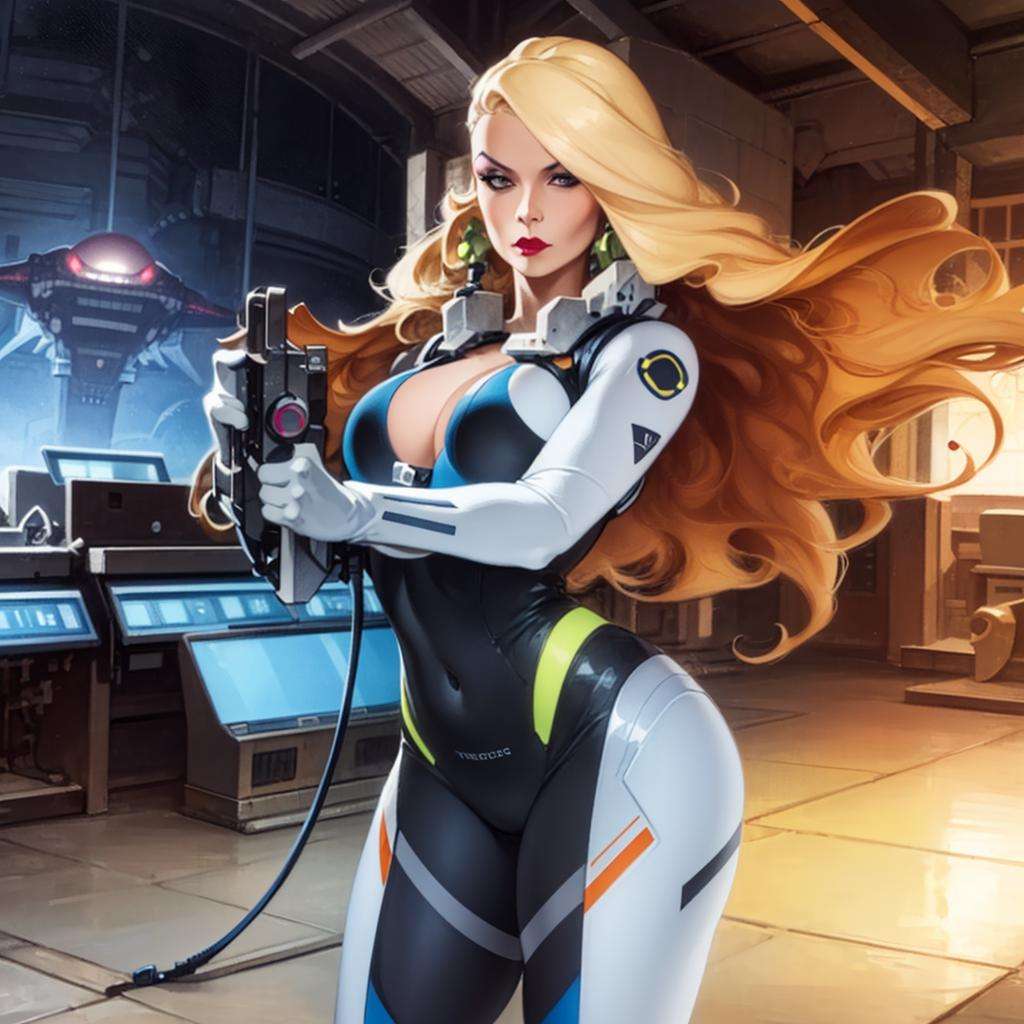 close up, woman, solo, blonde hair, long hair, floating hair, make up, huge breasts, full bodysuit, orange bodysuit, gloves, high boots, looking at camera, alien spaceship indoors, science fiction, detailed background<lora:AzpiriV4:1>