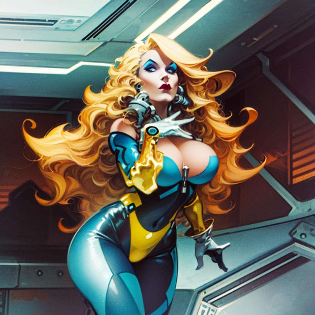 (close up), woman, solo, blonde hair, long hair, floating hair, make up, huge breasts, full bodysuit, orange bodysuit, gloves, high boots, looking at camera, alien spaceship indoors, science fiction, detailed background<lora:AzpiriV4:1>