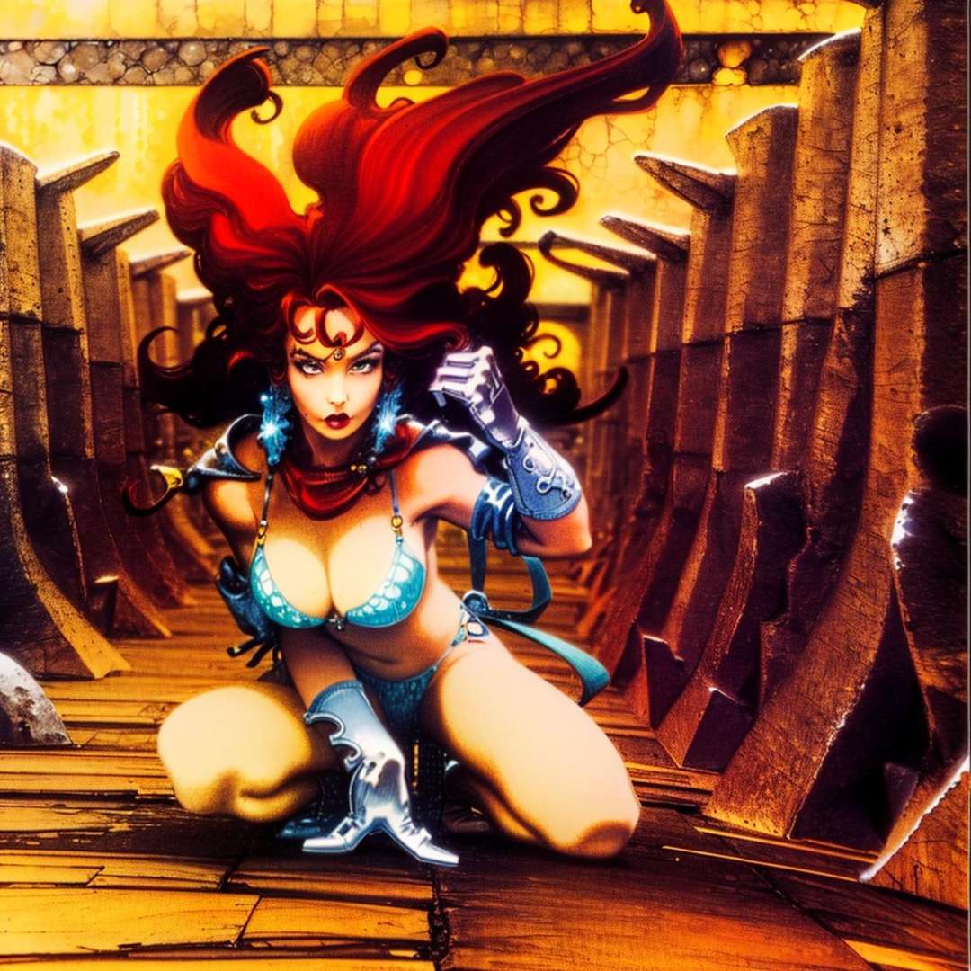 warrior woman, gloves, bikini metal armor, temple, detailed background<lora:azpiri2:1>