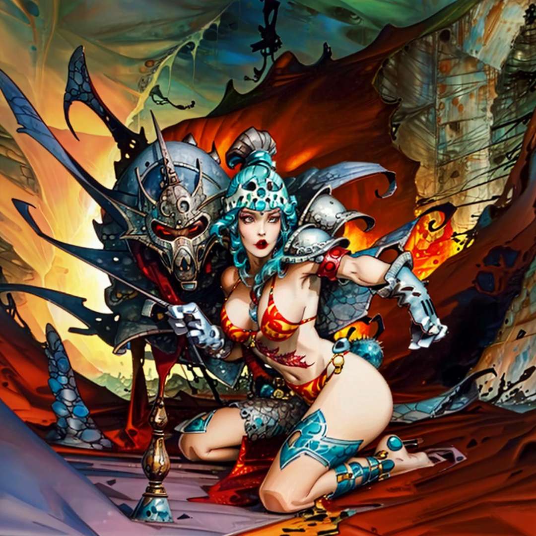 warrior woman, helmet, gloves, bikini armor, dragon, big cavern, detailed background <lora:azpiri2:1>