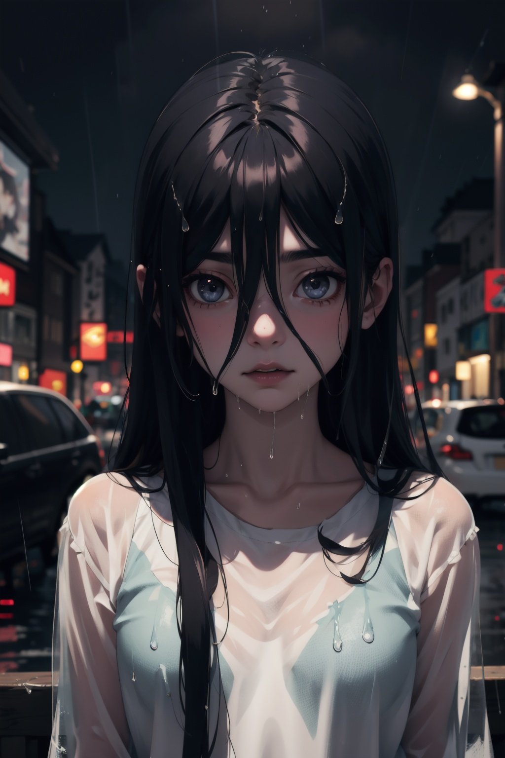 Highres, best quality, extremely detailed, area lighting in background, HD, 8k, 1girl, loli, cute, Sadako, goth, raining, soaked, see-through