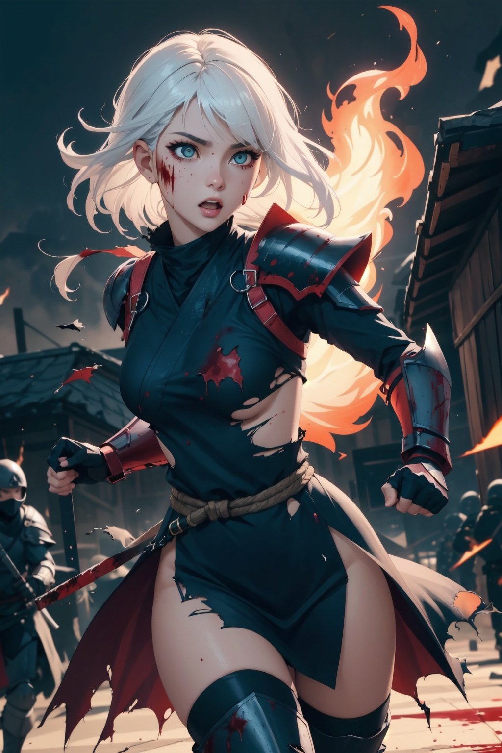 Highres, best quality, extremely detailed, area lighting in background, HD, 8k, 1girl, white hair, armor, female ninja, fiery eyes, running, overlooking an army, horror style, area lighting in background, (torn clothes:1.2), absurdress, blood, blood splatter, night