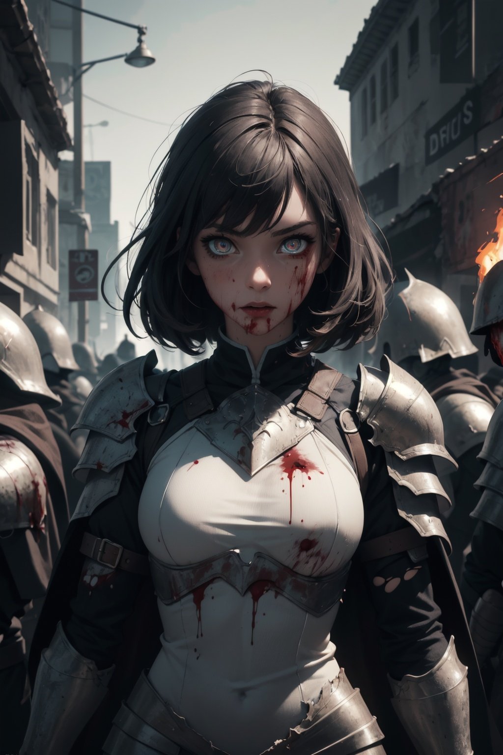 Highres, best quality, extremely detailed, area lighting in background, HD, 8k, 1girl, armor, fiery eyes, overlooking an army, horror style, area lighting in background, torn clothes, absurdress, blood