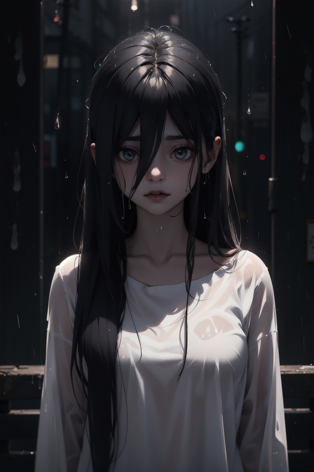 Highres, best quality, extremely detailed, area lighting in background, HD, 8k, 1girl, cute, Sadako, goth, raining, soaked