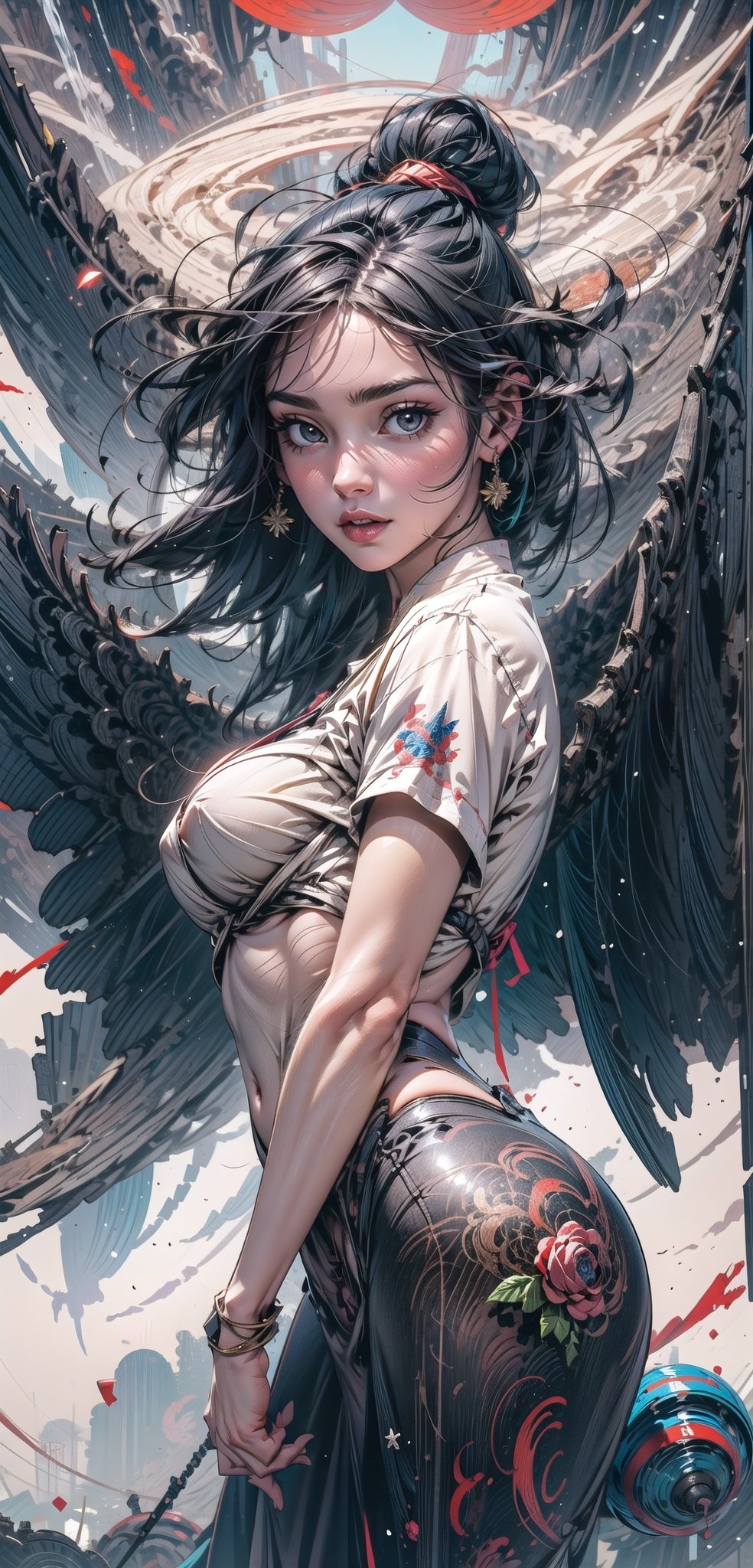 ((cinematic light)), hyper detail, dramatic light, intricate details, 1 girl, ethereal, full body ,big boobs, chaotic dystopian scene, perfect eyes, Angel wings, shimmering radience, cenetered subject, Detailed face, Detailed eyes, Kim Mi-Jung, Scenes of chaos 