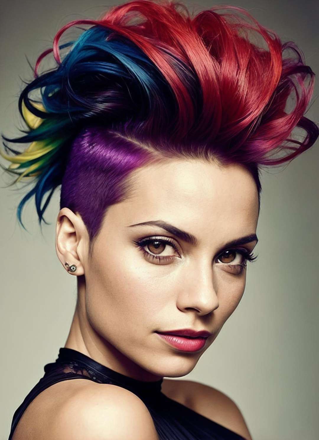 portrait of sks woman by Flora Borsi, style by Flora Borsi, bold, bright colours, rainbow Mohawk haircut, ((Flora Borsi)), <lora:lora_rosario_v1_from_v1_160:1>