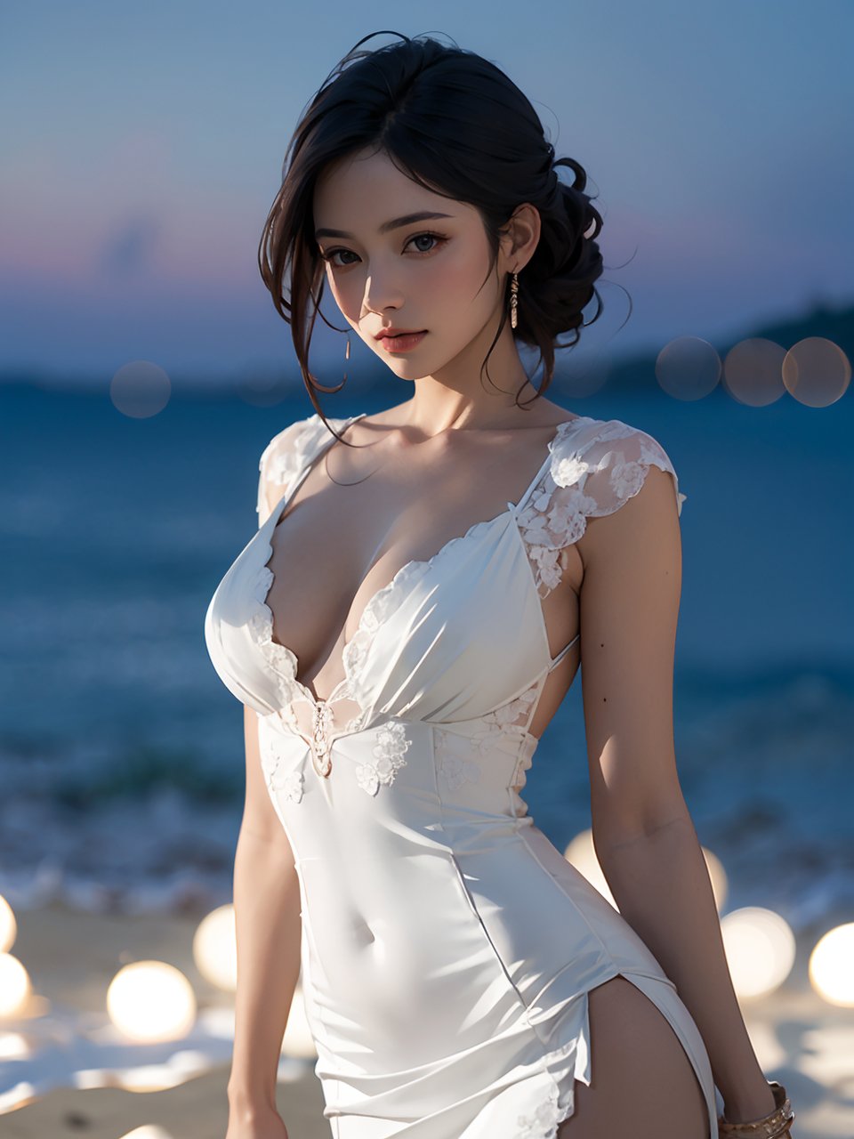 (best quality, masterpiece:1.2),ultra detailed,(photo realistic:1.4),solo,sexy lady,summer lace dress,night beach,blurry_light_background