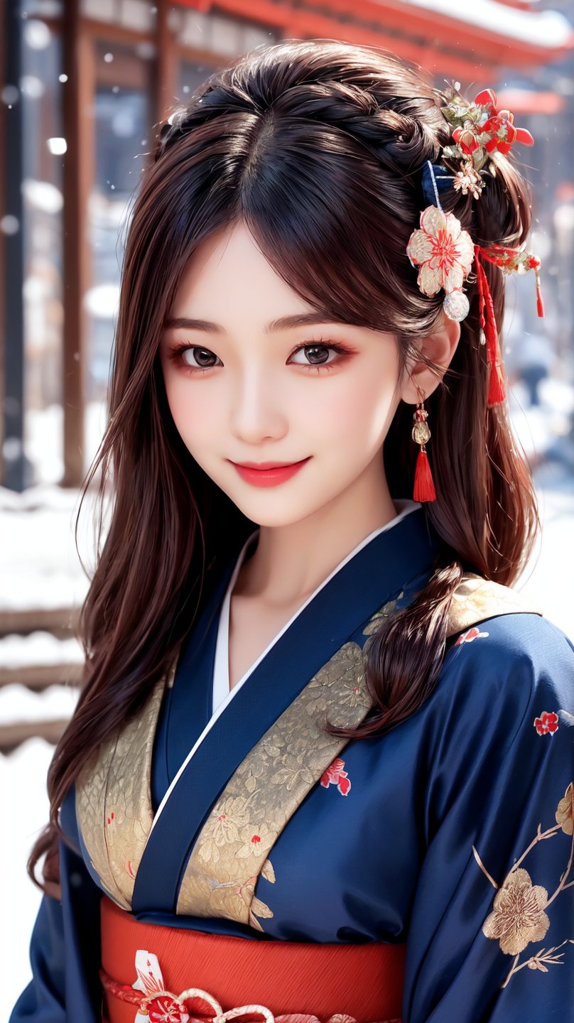 Warm lighting, beautiful Japanese girl, detailed face, shy smile, black eyes, straight black hair, luxurious red hairpin, details (brocade kimono of dark blue silk fabric), Kyoto, outdoor, winter, snow, upper body, realistic ,Japanese girl