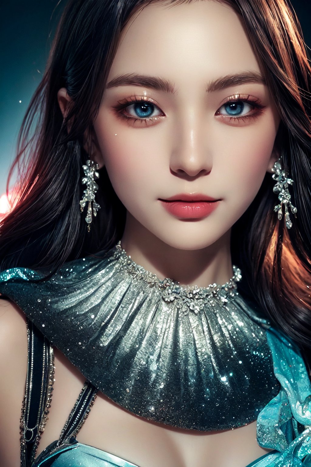 (masterpiece, high quality:1.5), 8K, HDR, 
1girl, well_defined_face, well_defined_eyes, ultra_detailed_eyes, ultra_detailed_face, by FuturEvoLab, 
ethereal lighting, immortal, elegant, porcelain skin, jet-black hair, waves, pale face, ice-blue eyes, blood-red lips, pinhole photograph, retro aesthetic, monochromatic backdrop, mysterious, enigmatic, timeless allure, the siren of the night, secrets, longing, hidden dangers, captivating, nostalgia, timeless fascination, smile, ,Exquisite face