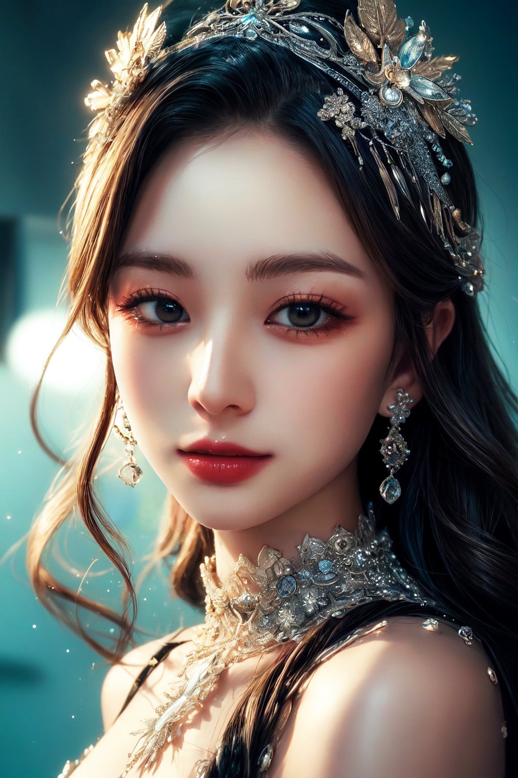 (masterpiece, high quality:1.5), 8K, HDR, 
1girl, well_defined_face, well_defined_eyes, ultra_detailed_eyes, ultra_detailed_face, by FuturEvoLab, 
ethereal lighting, immortal, elegant, porcelain skin, jet-black hair, waves, pale face, ice-blue eyes, blood-red lips, pinhole photograph, retro aesthetic, monochromatic backdrop, mysterious, enigmatic, timeless allure, the siren of the night, secrets, longing, hidden dangers, captivating, nostalgia, timeless fascination, Edge feathering and holy light, Exquisite face, Exquisite face, Exquisite face,Exquisite face