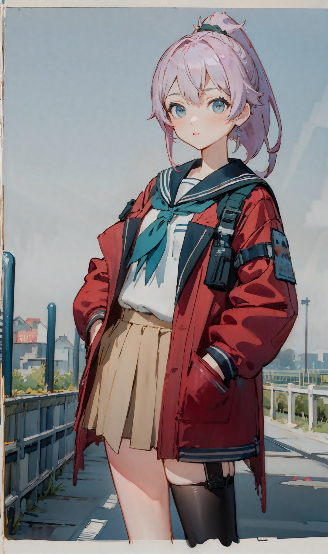 (watercolor \(medium\):1.1),colorful tone,scenery,1girl,ponytail,(school uniform:1),looking at viewer,road,blue sky,hand in pocket,<lora:agv306:1>