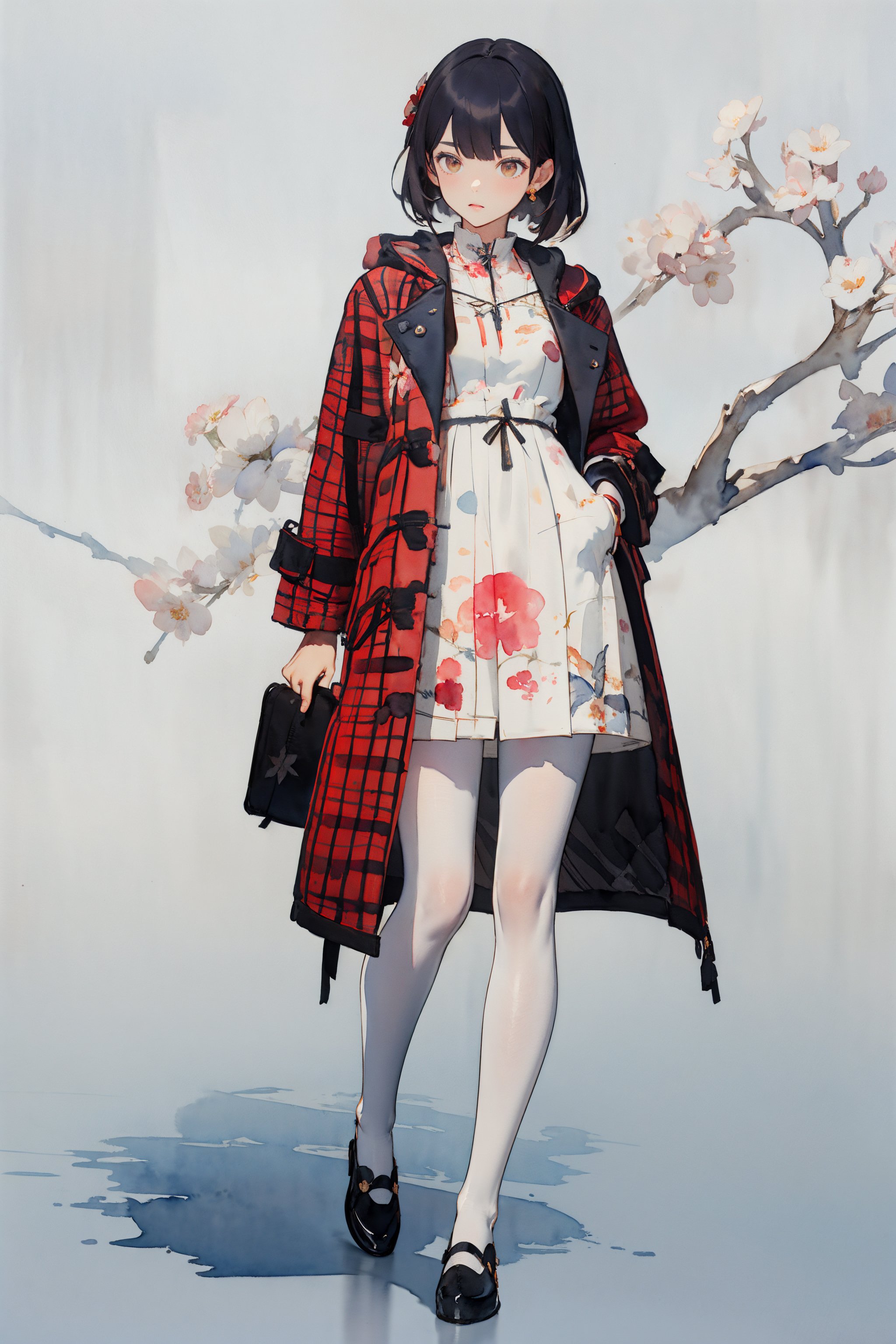 (watercolor_(medium):1.2),(1girl:1),duffel_coat,plaid_dress,floral_print,white_pantyhose,<lora:ag-style-lorav306:0.8>