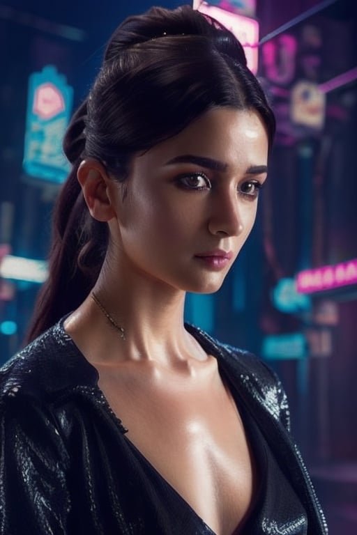 professional portrait completely naked, showing small boobs, petite, sexy, jacket, ponytail hair, seductive, neon lighting, neon hair, cyberpunk style art, cyberpunk style background, robotic body, nipples, highly detailed, high resolution, ultra realistic, hyperrealistic, upper body close-up, , ,aliabhatt