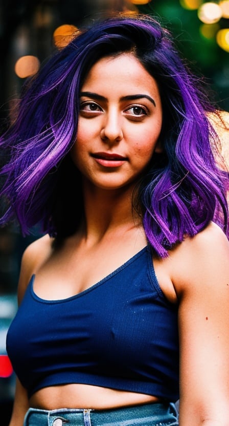 (hyperealistic detailed face:1.2), (looking at viewer:1.2), (frontal view), centered, upper body, award winning frontal photography, masterpiece, | (arms behind back), (beautiful detailed eyes:1.2), braided hairstyle, (purple hair color), (light purple eyes), (black tube top), midriff, navel, lowleg jeans, | sunset, bokeh, depth of field, | urban, street, City, | starry sky, vaporwave color scheme, (saturated colors:1.2), ,3DMM,rakul