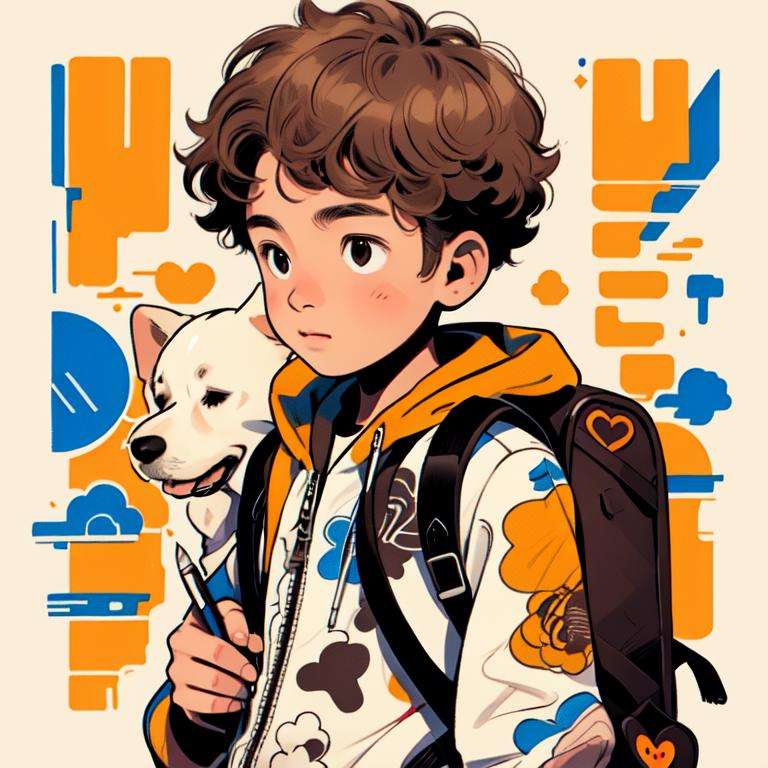 masterpiece, best quality,1boy, solo, brown hair, dog,  backpack, sharpie illustration