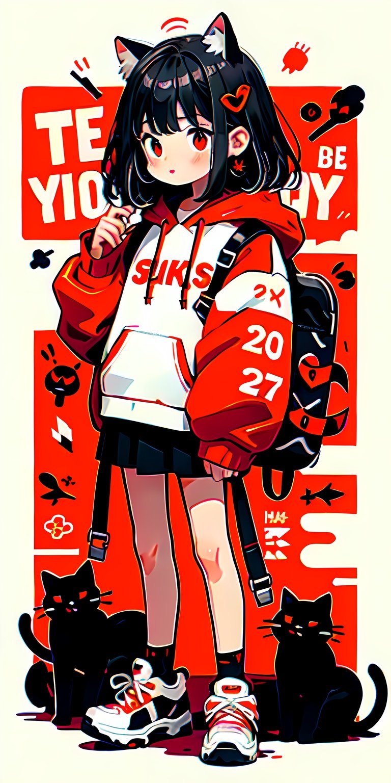 1girl, red eyes, red background, hood, backpack, cat, red hoodie, drawstring, black hair, shoes, hood down, hoodie, long sleeves, solo, bag, holding, hair ornament, english text, socks, earrings, white footwear, bangs, looking at viewer, jewelry, sneakers, phone, standing, blush, full body, skirt, medium hair, black socks, hairclip, red theme, speech bubble, holding phone, closed mouth, cellphone, sleeves past wrists, animal, short hair, simple background, black skirt, romaji text, 