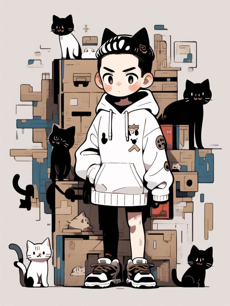 masterpiece, best quality, 1boy, hood, cat, long sleeves, full body