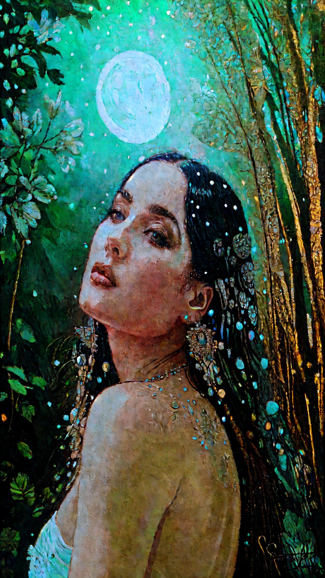 elaborate detailed painting  by stanislaw_k  of a gorgeous babe in the forest at moonlight , pastel, glitters , glimmers, insanely detailed textures , stanislaw_k illustration ,occult ,pagan art , fine art ,