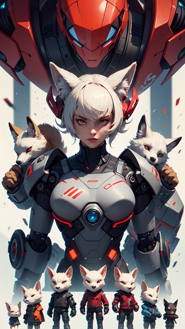 futubot, cyberpunk fox spirit surrounded by robot foxes, bold red and dark white colors