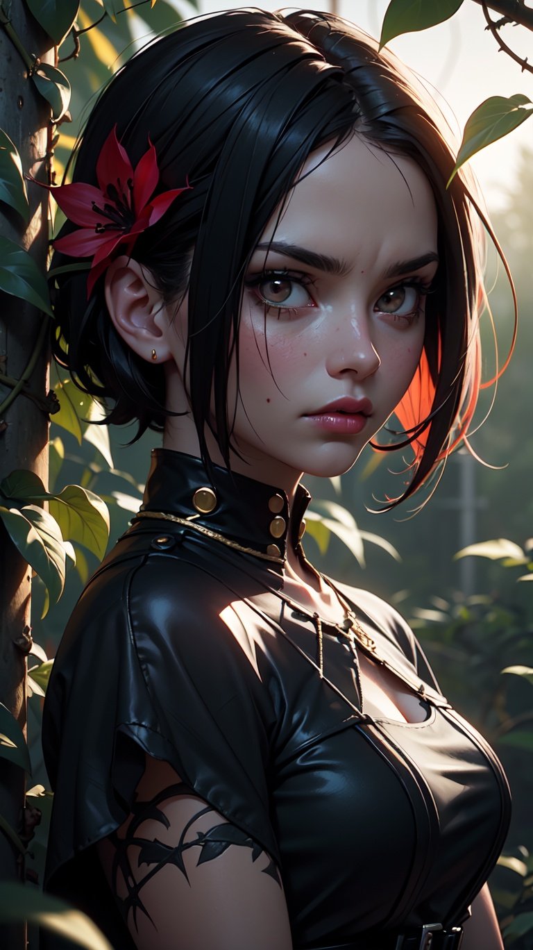 ((masterpiece, best quality, extremely detailed), volumetric lighting, ambient occlusion, colorful, glowing),1girl, serious look, inexpressive, short hair, black hair, black dress, red details, gold accents,mysterious aura, red flowers, blood river, thorns, vines,(Gloomy theme:1.3), (Punk theme), upper body, close up,, ,