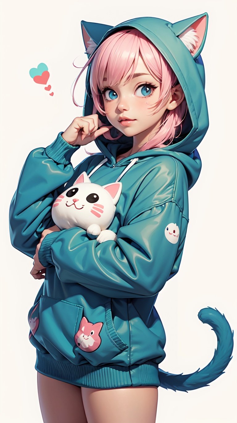 best quality, (cute illustration:1.2), (kawaii:1.2), (fuwafuwa illustration:1.4), (high resolution:1.2),BREAK1 girl, cat ear, large hooded sweatshirt, over size, white background, 