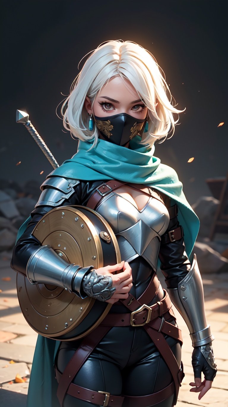 Halfling female with white hair and brown eyes, dark leather armor with turquoise shawl, holding a shield in front of her face (masterpiece) (best quality) (detailed) (8k) (wallpaper) (cinematic lighting) (sharp focus) (intricate)