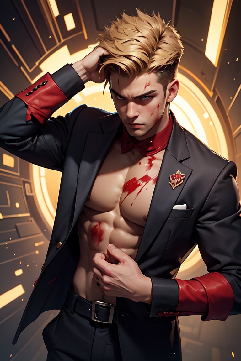 (best quality, masterpiece), 1boy, upper body, particle, pose, injury, blood, suit,