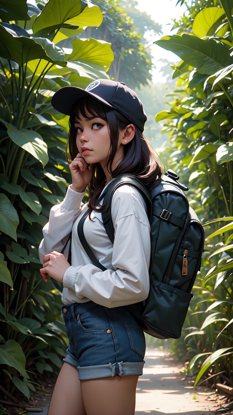 (best quality, masterpiece), 1girl, long sleeves, cap, shorts, jungle, backpack, sun, tired, standing