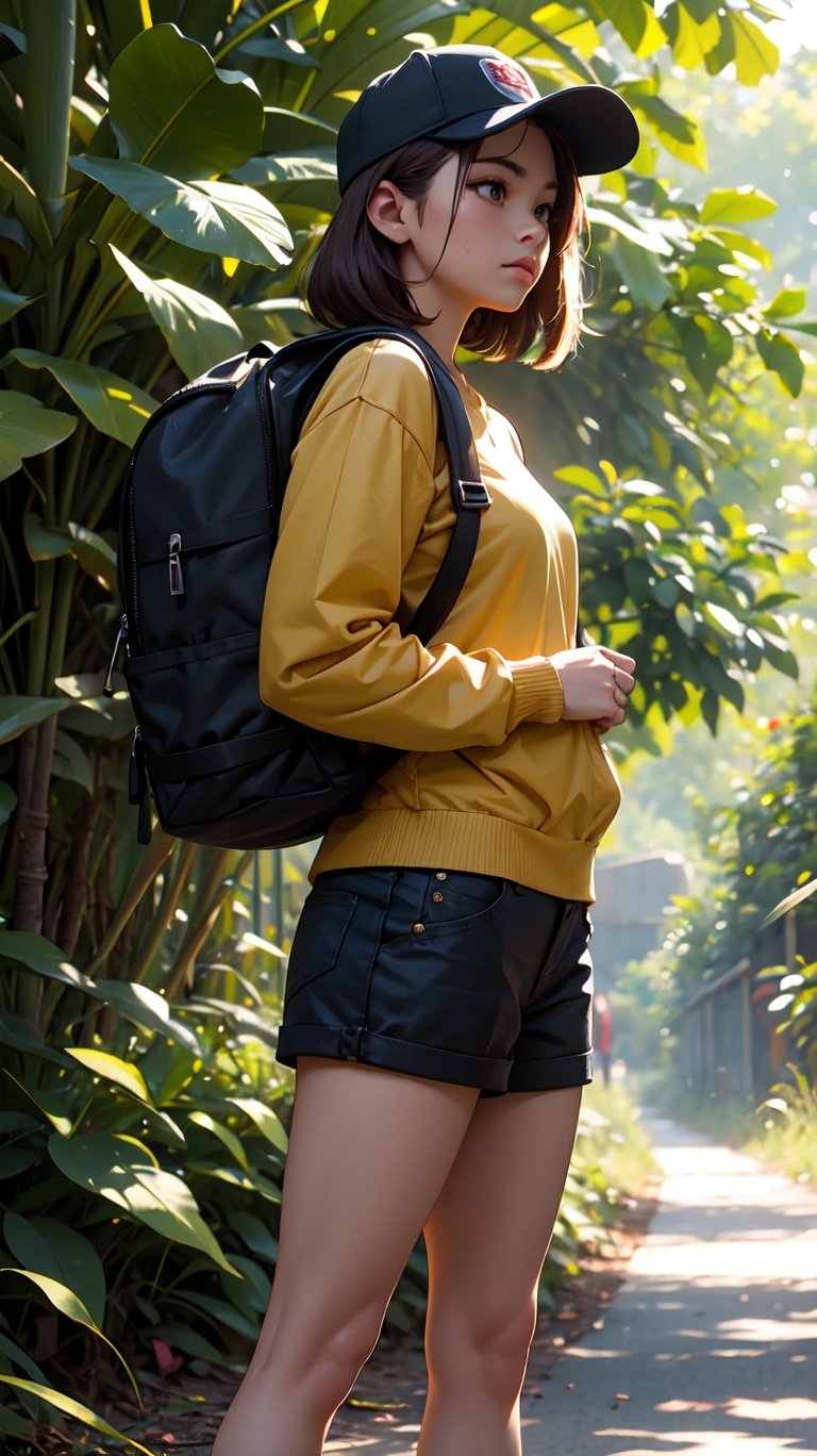 (best quality, masterpiece), 1girl, long sleeves, cap, shorts, jungle, backpack, sun, tired, standing