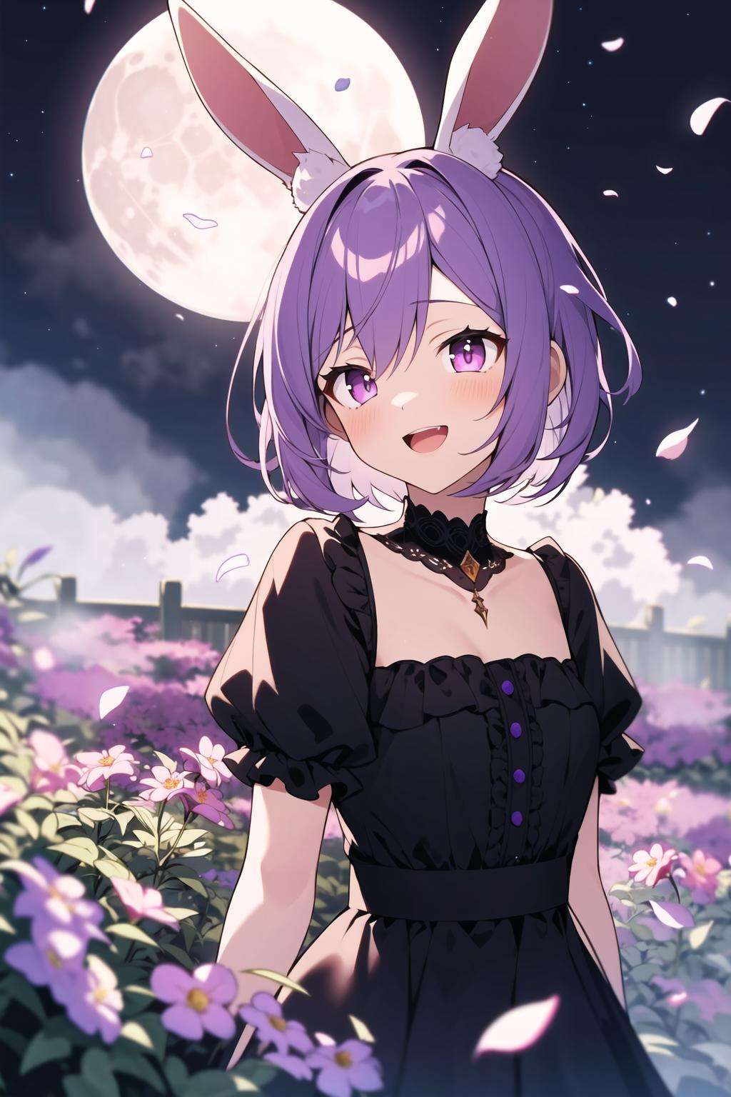 (masterpiece, best quality:1.2), illustration, absurdres, highres, extremely detailed, 1 petite girl, white short hair, rabbit ears, red eyes, eye highlights, dress, short puffy sleeves, frills, outdoors, flower, fluttering petals, upper body, (moon:1.2), night, depth of field, (:d:0.8), chromatic aberration abuse,pastel color, Depth of field,garden of the sun,shiny,Purple tint,(Purple fog:1.3)