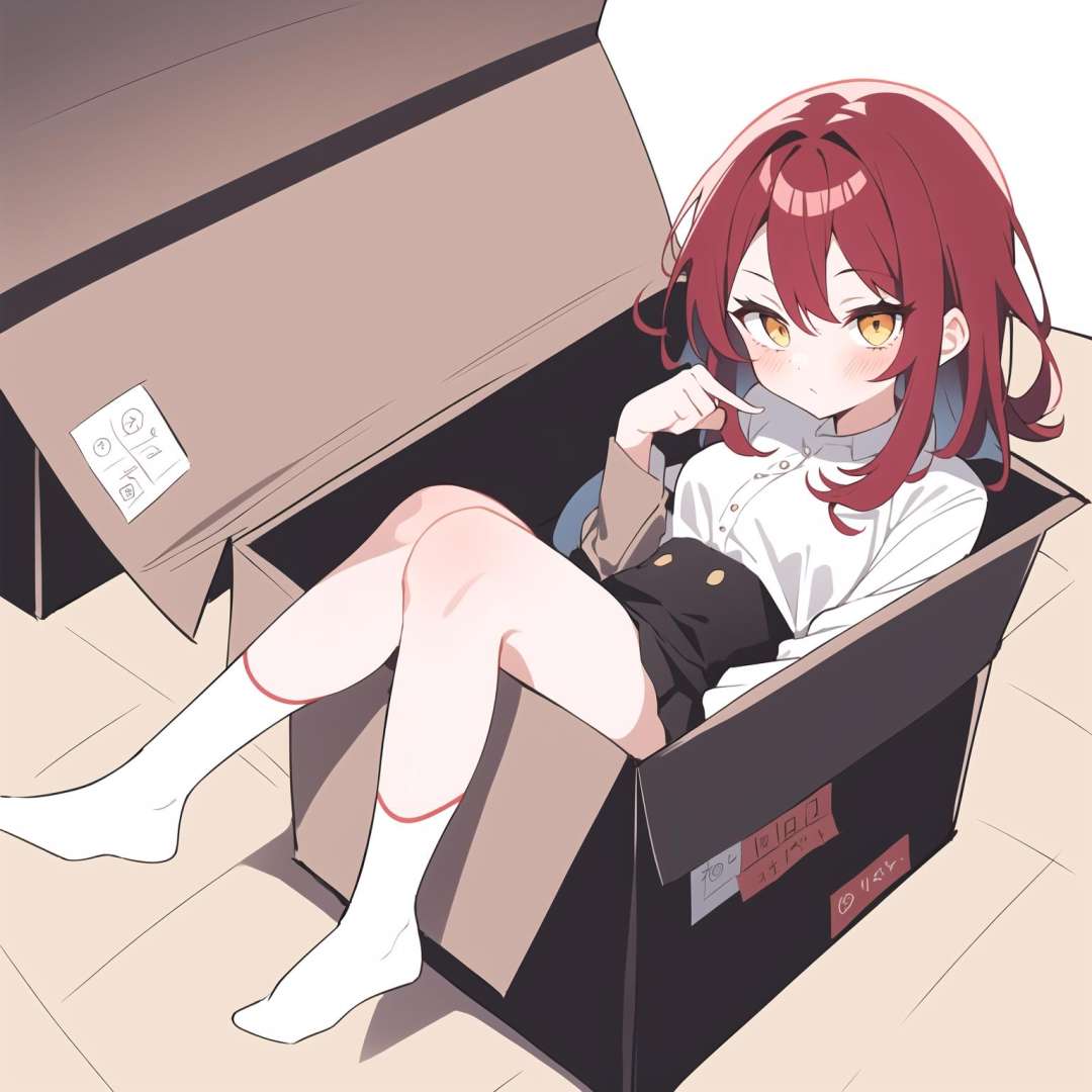 in container, 1girl, solo,red hair,yellow eyes,black skirt,white shirt,full body, sitting ,(box:1),in box,looking at viewer<lora:in_containerV0.3:1>