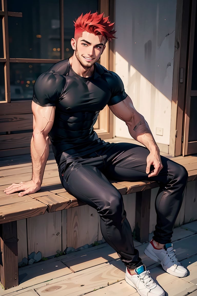 highres, ,High quality,(Beautiful), ((masterpiece)),vibrant colors, solo,1boy, biceps, large pectorals, male focus, manly, muscular, muscular male, pectorals, red hair, solo, spiked hair,((black shirt)), black pants, (full body), grin,looking at viewer, 