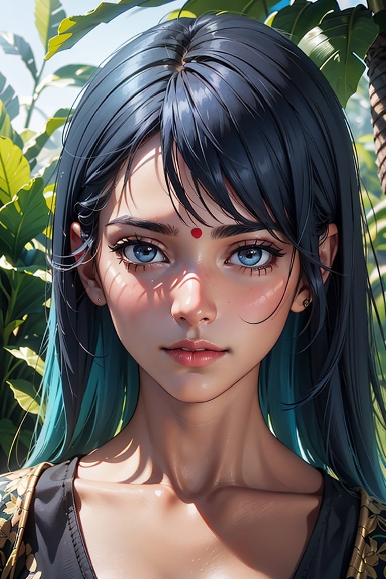 fashion photography portrait of indian girl with blue hair, in lush jungle with flowers, 3d render, cgi, symetrical, octane render, 35mm, bokeh, 9:16, (intricate details:1.12), hdr, (intricate details, hyperdetailed:1.15), (natural skin texture, hyperrealism, soft light, sharp:1.2), detailed, sunlight passing through foliage, india