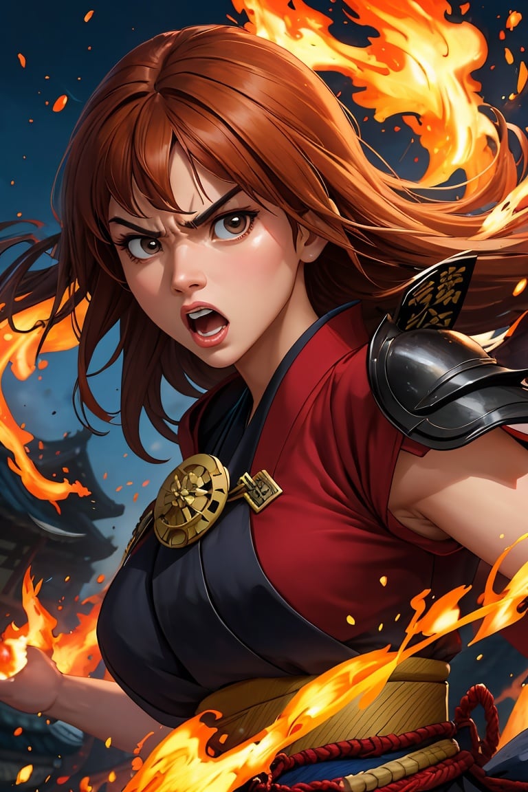 (best quality, masterpiece), 1girl, samurai, particle, wind, pose, upper body, imminent attack, angry, flame