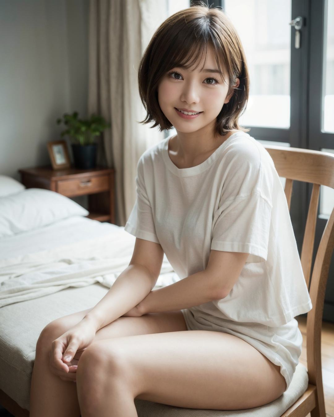 best quality, face focus, soft light, (depth of field) ,ultra high res, (photorealistic:1.4), RAW photo, (moody lighting, night:1.2), bedroom,(upper thigh:1.4)1japanese girl, solo, cute, kawaii, (shy, smile:1.1), (brown eyes), natural face, (short hair),(sit on gray linen chair)BREAK(white naked oversize t-shirt:1.2)<lora:japaneseDollLikeness_v10:0.3>