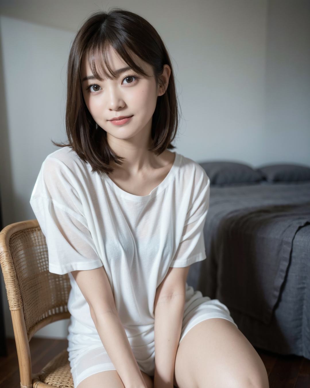 best quality, face focus, soft light, (depth of field) ,ultra high res, (photorealistic:1.4), RAW photo, (moody lighting, night:1.2), bedroom,(portrait:1.4)1japanese girl, solo, cute, kawaii, (shy, smile:1.1), (brown eyes), natural face, (midi hair),(sit on gray linen chair)BREAK(white thin naked oversize t-shirt:1.2)<lora:satsuki_MK10:0.3> <lora:uduki_MK05mix:0.4>
