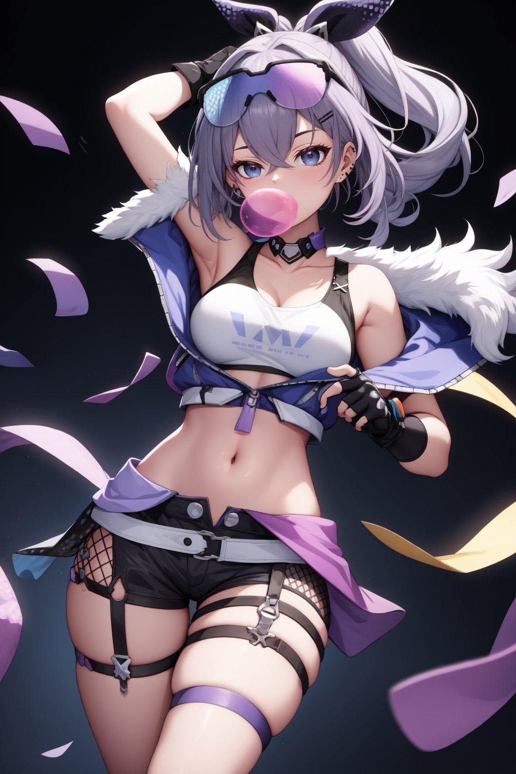 masterpiece, best quality, SilverwolfV5, 1girl, solo, looking at viewer, shirt, hair ornament, gloves, navel, cleavage, bare shoulders, jewelry, medium breasts, jacket, hair ribbon, white shirt, thighs, earrings, open clothes, shorts, sleeveless, choker, black gloves, hairclip, midriff, fingerless gloves, armpits, off shoulder, stomach, open jacket, crop top, sleeveless shirt, thigh strap, black shorts, sunglasses, fishnets, eyewear on head, open fly, micro shorts, bubble blowing, chewing gum, <lora:Sv5-10:0.8>